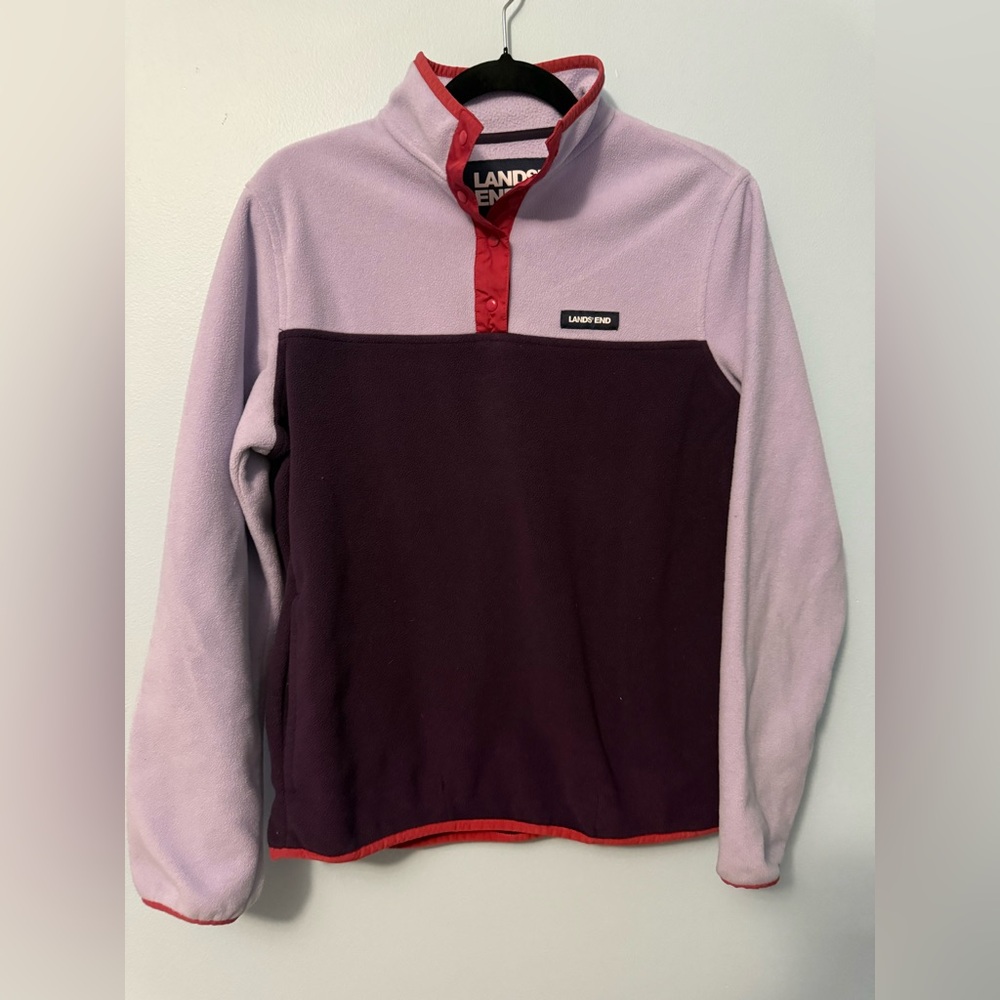 Lands' End Women’s Heritage Lavender and Burgundy Fleece Snap Neck Pullover Top